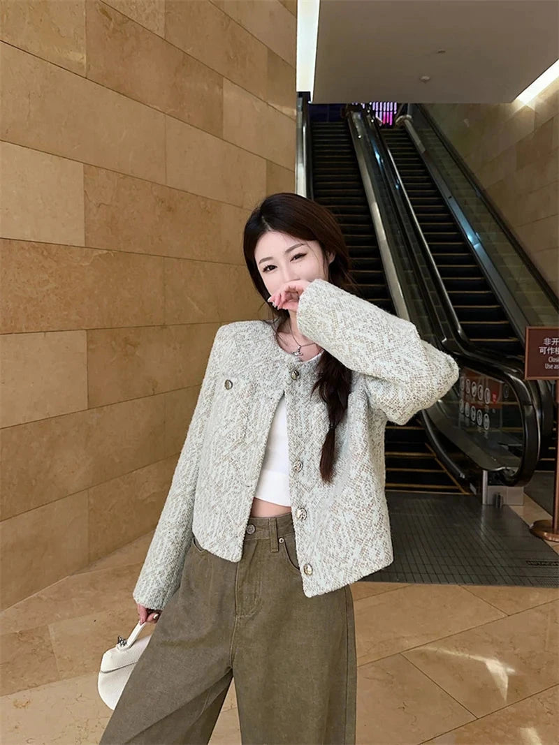 Sweet Women Slim Elegant Jacket Vintage Long Sleeve O Neck Fall Short Coat Korean Small Fragrance Single Breasted Lady Tops voguable