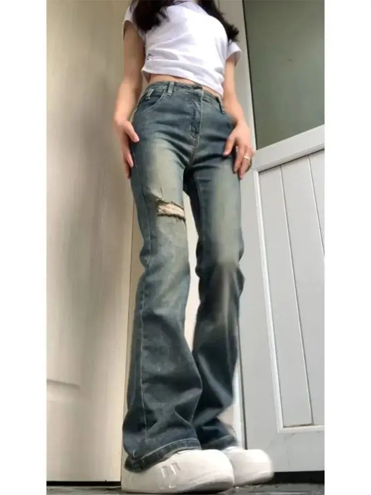 American vintage Micro-Pull Ripped Jeans Women Summer 2023 New Small Gyaru High Waist Slimming Straight Pants voguable
