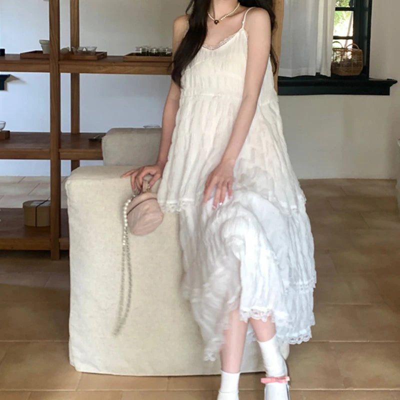 Voguable White Lace-up Midi Dresses Sweet Gentle Ruffle Casual Loose Mesh Backless Sleeveless Vacation Summer Women Long Dresses voguable