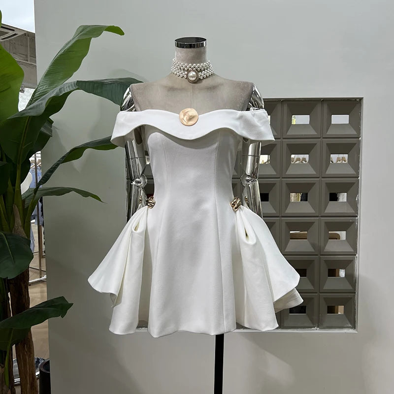 Fashion Pink Off Shoulder Dress Women's Slach Neck Side Metal Buckle A-line Mini Dresses Summer New 3A11001S voguable