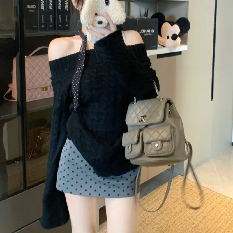 Slash Neck Pullovers Women Knitted Solid Jacquard Korean Fashion All-match Design Unique Sweet Spicy Girls Streetwear Temper voguable