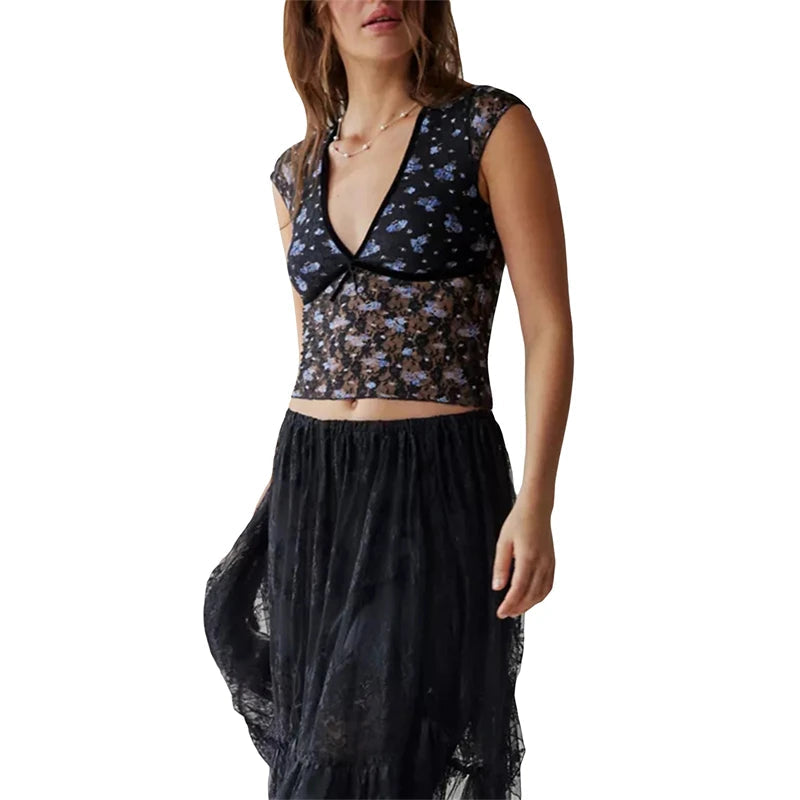 Sheer Crop Top 2000s Women Sexy See Through V Neck Sleeveless Floral Lace Tanks Slim Fit Vest y2k Aesthetic Clothing voguable