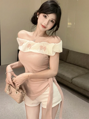 Sexy Off Shoulder Slim T Shirt Women Elegant Fashion Slash Neck Sweet Tees Korean Lace Up Design Irregular Butterfly Tops voguable