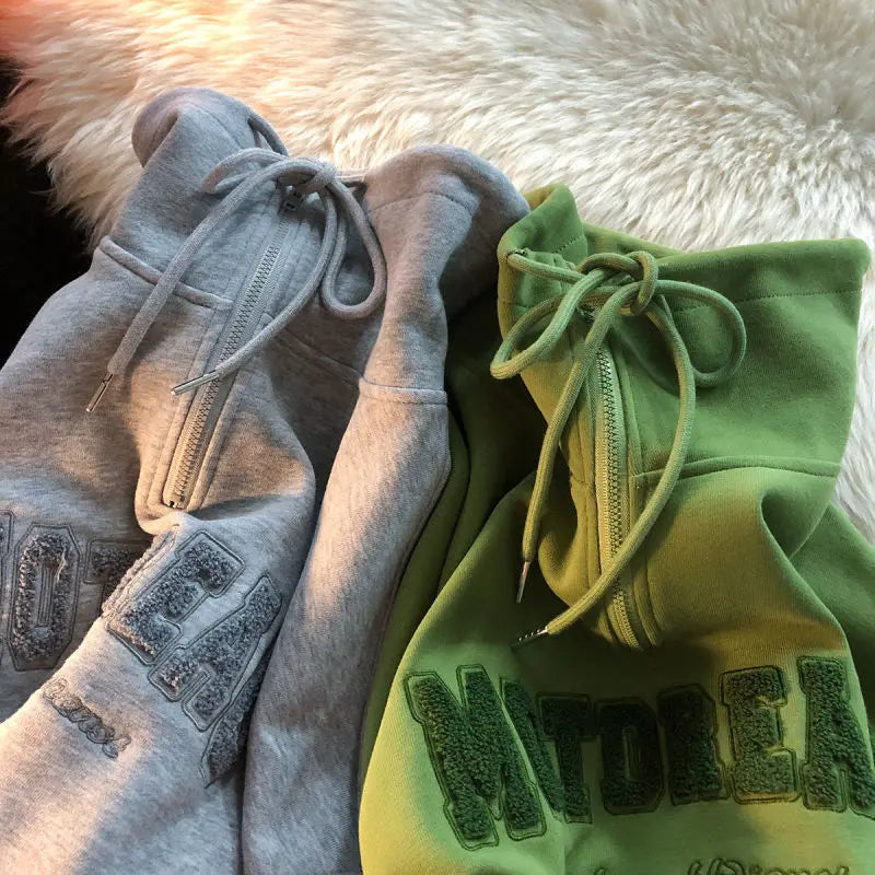Voguable Green Vintage Zipper Draw String American Hiphop Sweatshirt Women Long Sleeve Pullover New Spring Loose Ins Thin High Street Top voguable