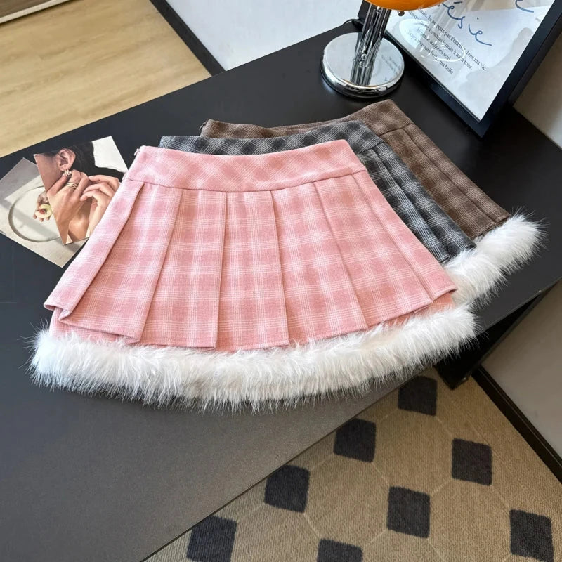 Sexy Sweet Plaid Skirt Women High Waist Faux Woolen Fashion Korean Mini Skirts Fall Winter Preppy Style Slim A Line Skirt voguable