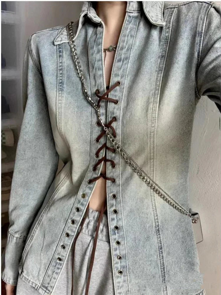 Voguable  Vintage Women Denim Shirts Loose Long Sleeve Casual Bandage Long Shirts Korean Turn Down Collar Streetwear Female Jean Top voguable