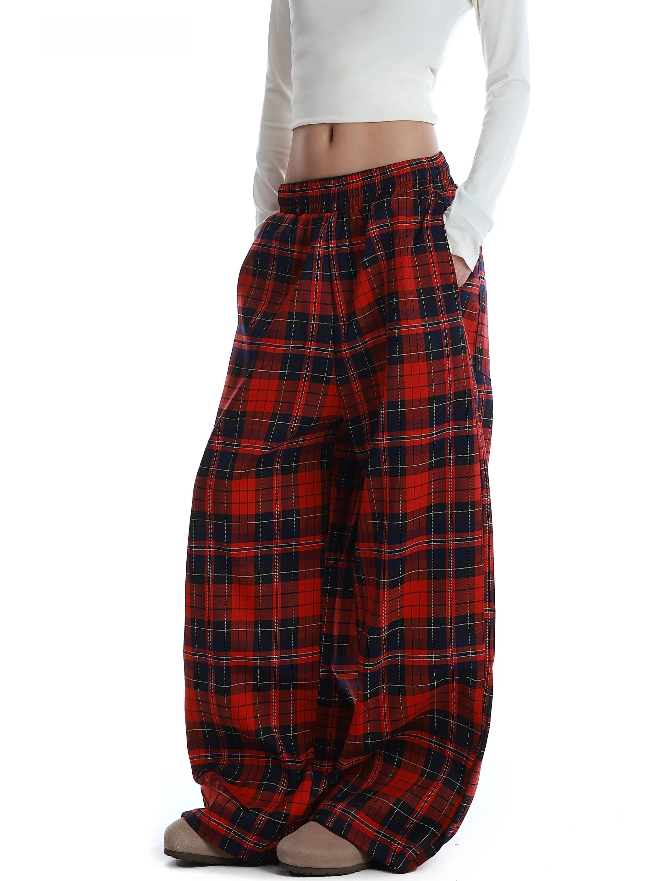 Voguable  American Street Retro Design Red Plaid Casual Pants Loose Straight Leg Trousers Lazy Wide Leg Trendy Men's Women's Pants voguable