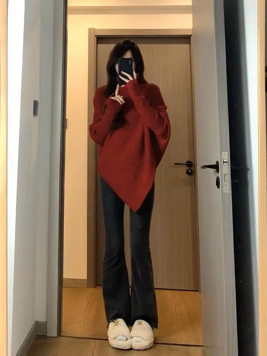 Autumn Winter New Women Sweater Korean Fashion Chic Casual Turtleneck Solid Asymmetr Loose Batwing Sleeve Pullovers Knitted Tops voguable