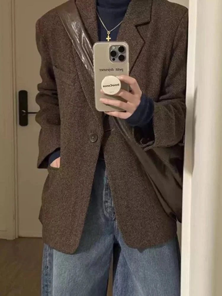 Retro Faux Woolen Blazer Coat Women Harajuku Long Sleeve Fall Winter Y2K Jacket Streetwear American Casual Lady Suit Coat voguable