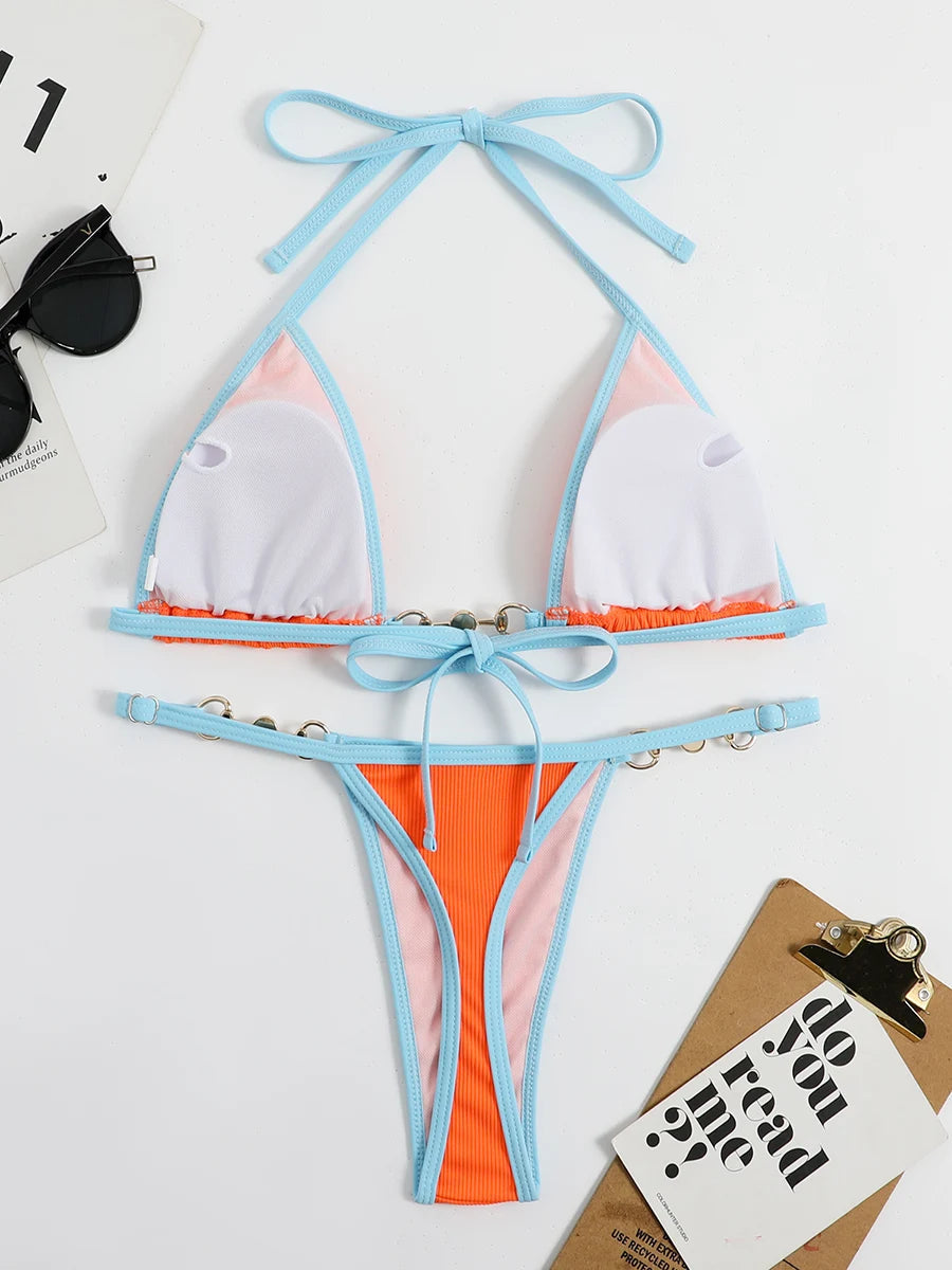 Voguable  Pearl Thong Bikinis Women Sexy Triangle Swimsuit Solid Brazil Swimwear Female Padded Bathing Swimming Suit Beachwear Summer voguable