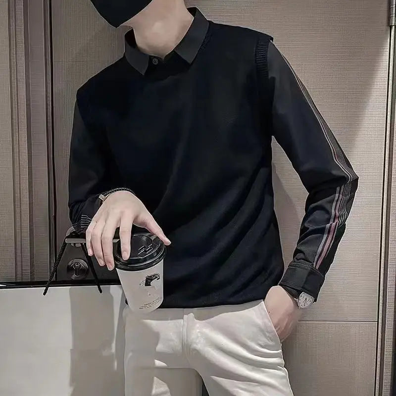 Autumn Winter Fake Two Pieces Fashion Harajuku Sweaters Men Loose Casual Knitting Tops All Match Pullover Chic Business Jumpers voguable