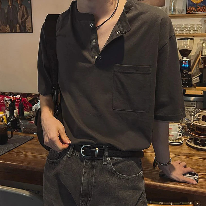 New Fashion Korean Style Men T-shirt Light Luxury Henry Collar Tops Casual Loose High Quality Solid Color Half Sleeve Tees M-2XL voguable
