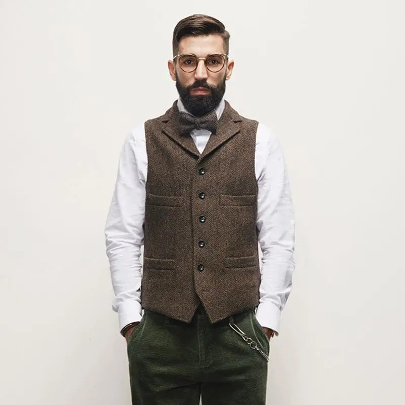 Autumn Winter Men's British Waistcoat Retro Herringbone Slim Tweed Suit Vest Heavy Button Jacket Men Aesthetic Sleeveless Coat voguable