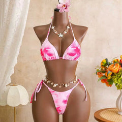 Voguable  Women 3 Piece Hibiscus Print Bikini Set with Mesh Ruffle Skirt Halter Triangle Top Beachwear Backless Swimwears Bathing Suits voguable