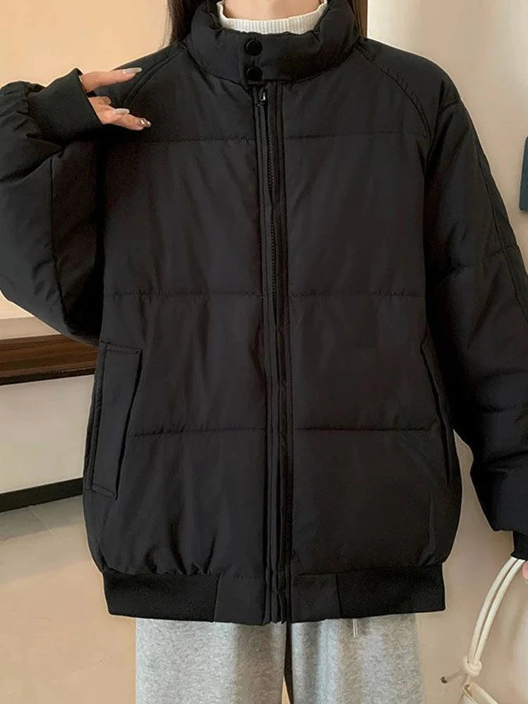 Preppy Style Sweet Pink Parkas Women Vintage Long Sleeve Winter Thick Warm Cotton Jacket Casual Stand Collar Loose Outwear voguable