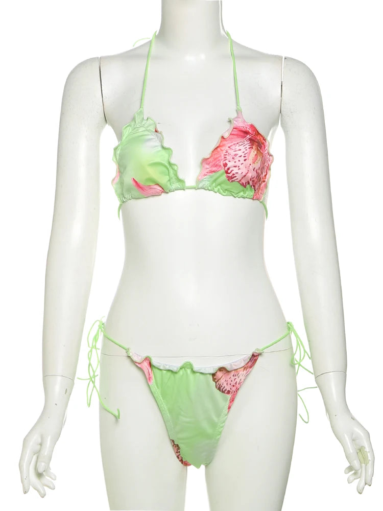 Lace Colorful Flower Print Bikini Shirring 2 Piece Set Women Halter Bra Tops+Skinny Briefs Vacation Beach Style Outfits voguable