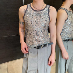 Voguable Sequin Splicing See-through Design Sexy Trendy Sleeveless Vest Original Personality Stylish Street Men's Tank Tops voguable