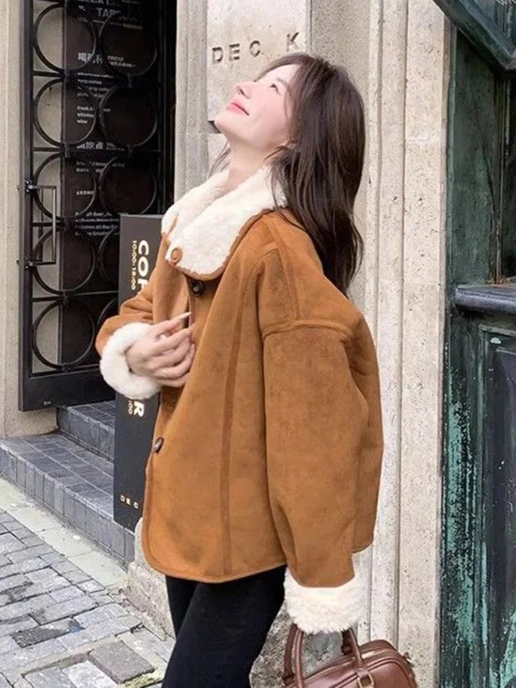 Y2K Faux Lamb Suede Jacket Women Warm Winter Streetwear Retro Coat Korean Casual Loose Long Sleeve Single Breasted Outwear voguable