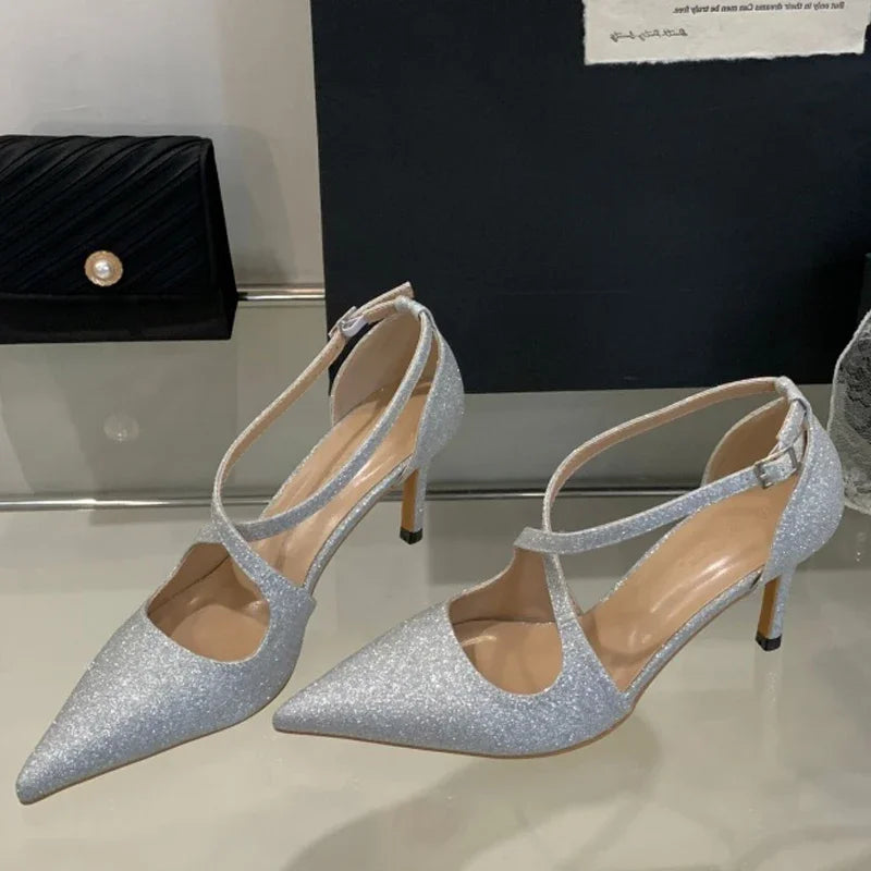 Voguable  Bling Sequin Cloth Pointed Toe Women Pumps Elegant Buckle Strap Thin Low Heels Party Prom Mules Shoes voguable