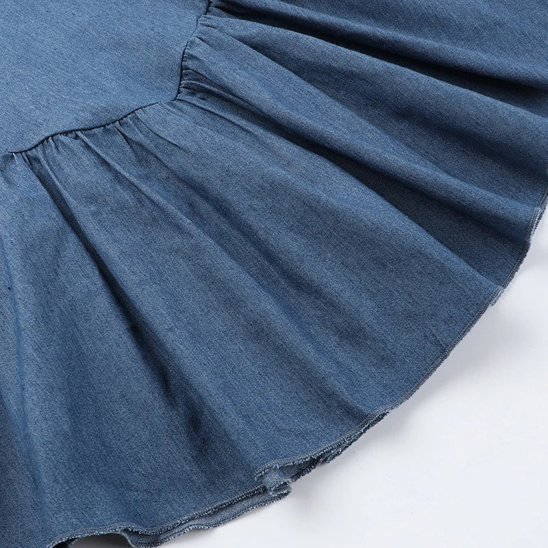 Voguable  Spaghetti Strap Imitation Jeans Sleeveless Female Vestido Low Waist Slash Neck New Fashion Femme A-line Pleated Sexy Dresses voguable
