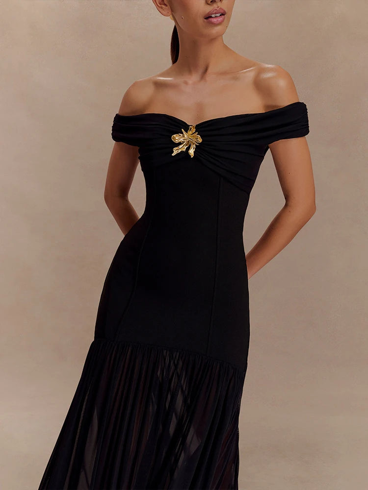 Off-shoulder Backless Sexy Maxi Dress Women Metal Flower Pink Patchwork Sleeveless Ruched Pleated Club Party Dress 2025 voguable