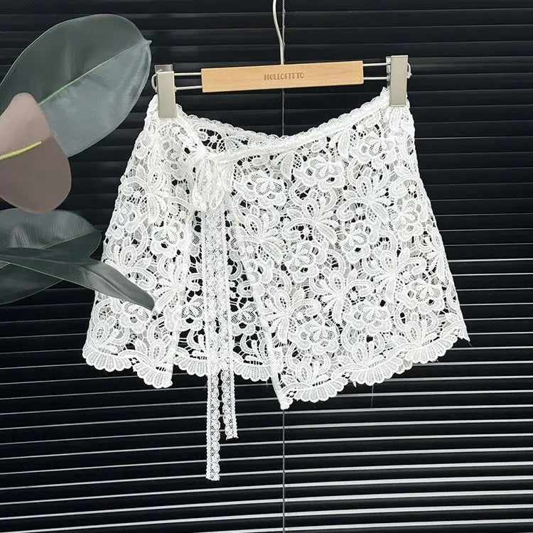 Voguable  Slim Short Korea Chic Mesh Fart Curtain Lace Up All-match French Hot Sell Skirt Exquisite Literary Hollow Out New Faldas voguable