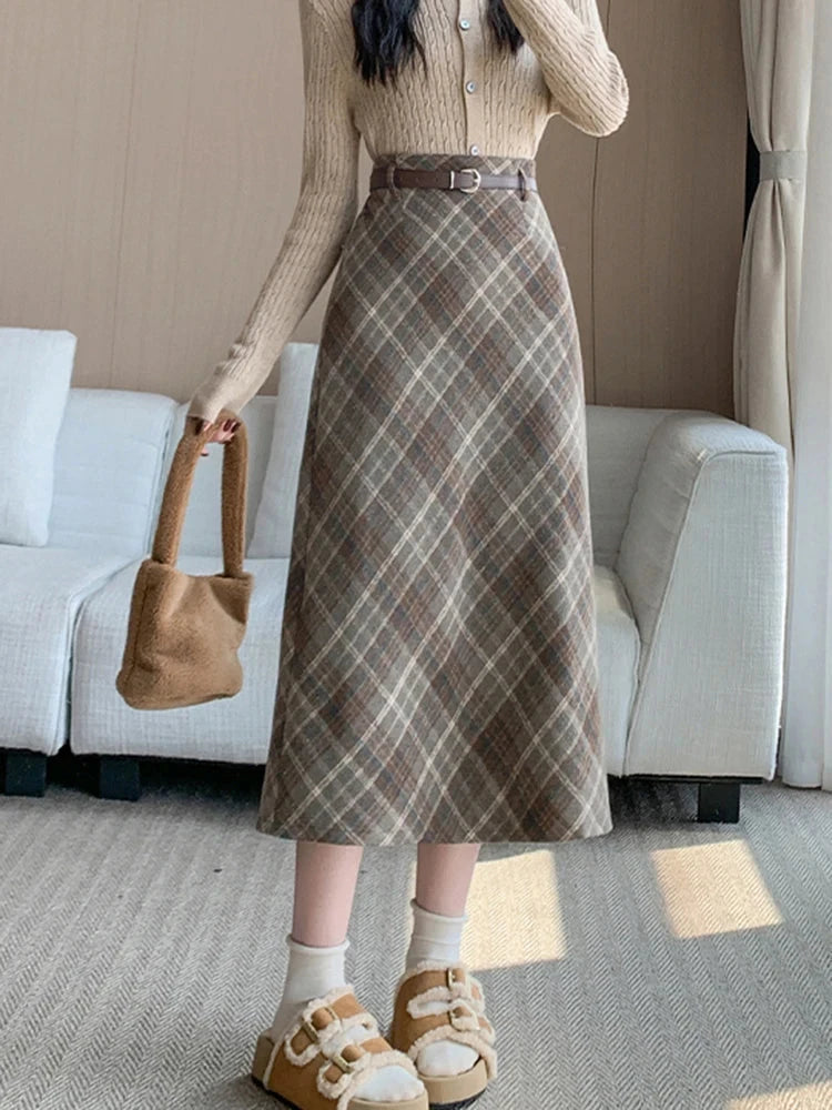 Faux Woolen Plaid Long Skirt Women Vintage Slim High Waist Back Slit Belt Skirts Korean Fall Winter Elegant Long Skirts New voguable