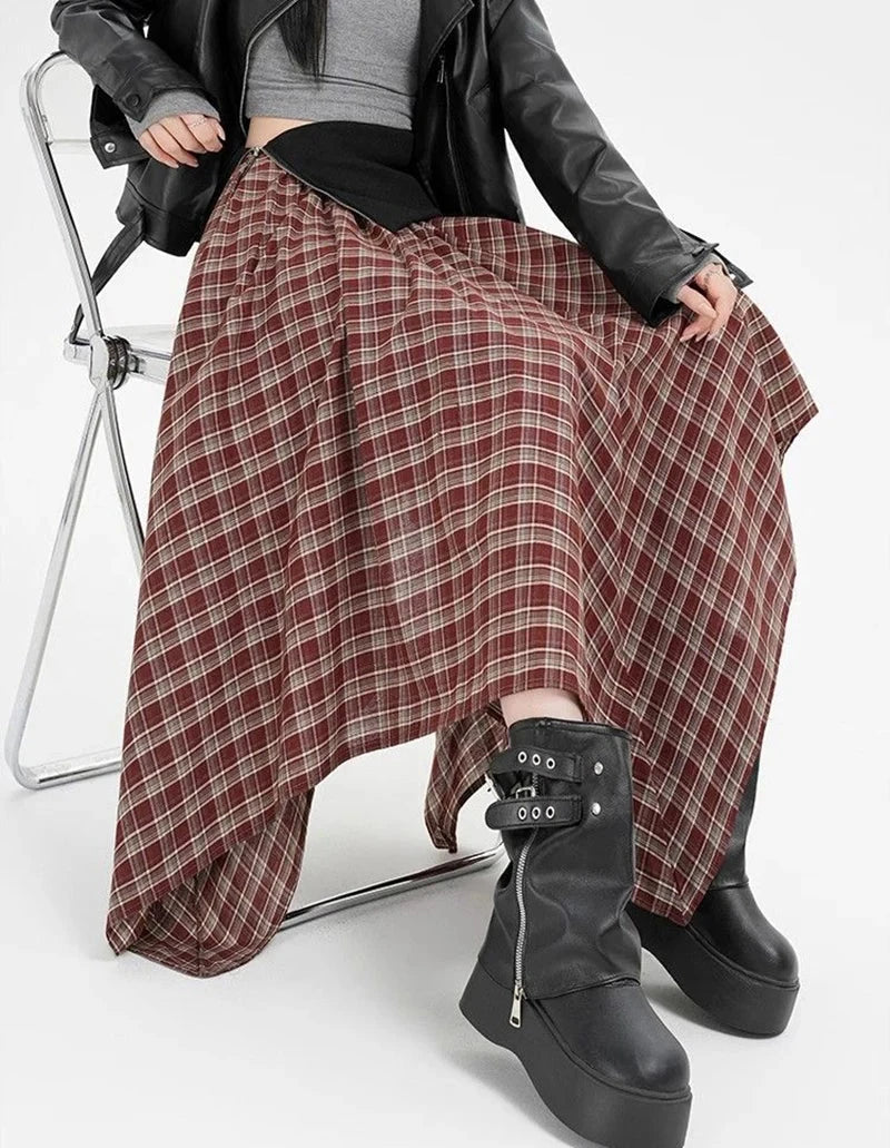 Y2K Streetwear Plaid Long Skirt Women High Waist Retro Hip Hop Irregular Skirt Fall Casual American Gothic Female Long Skirts voguable