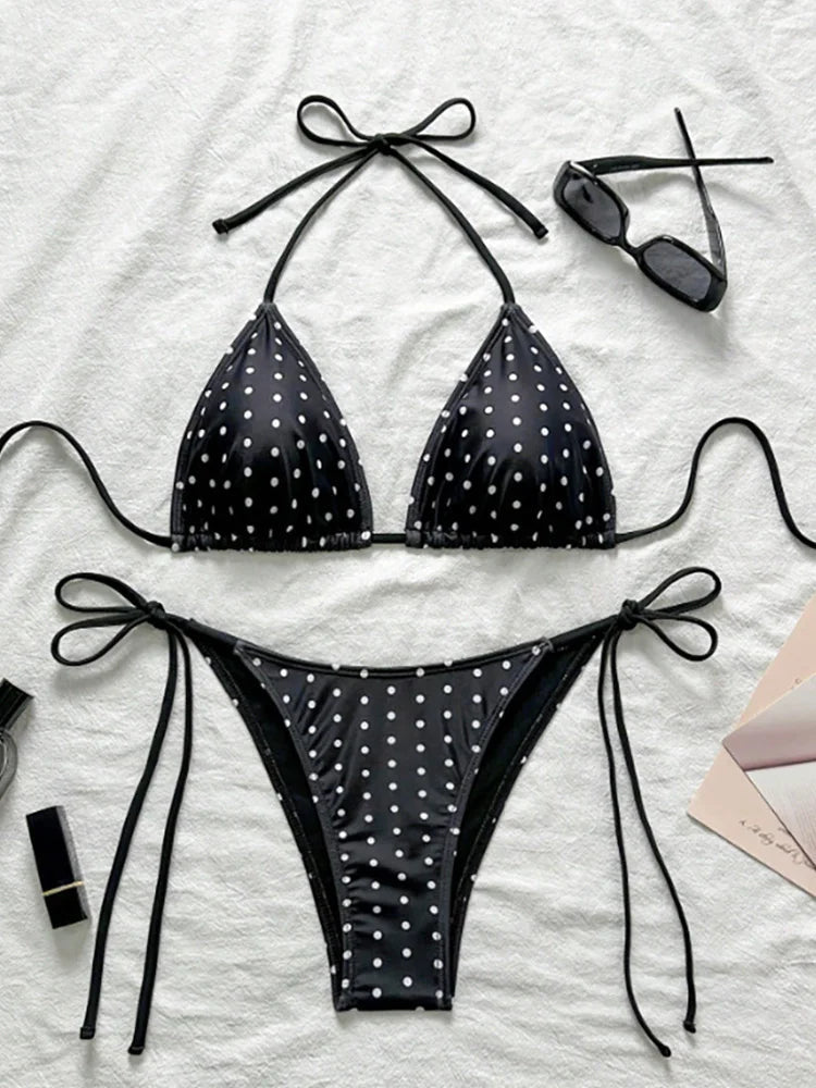 Voguable  Sexy Lace Up Polka Dot Vacation Bikinis Women Split Swimsuit Beach Bikini New All Season Backless Bikinis 2 Piece Set voguable