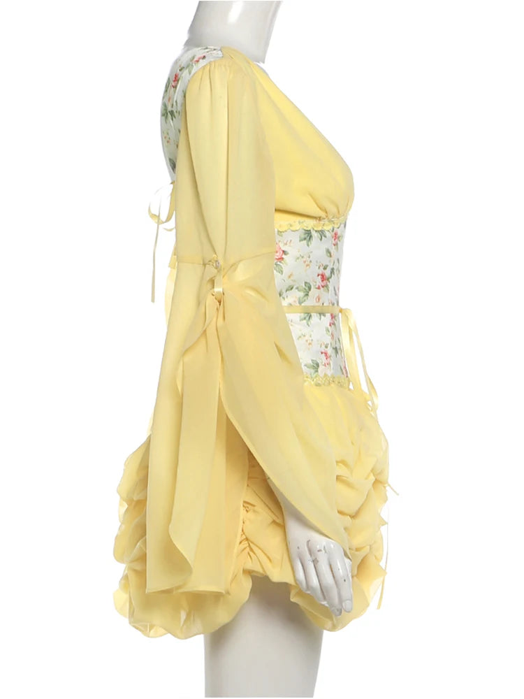 Voguable  Flare Sleeve Dress Women Patchwork Floral Print Puffy Hem Folds v-Neck Bandage Tassel Skinny Sweet Party Mini Bodycon voguable