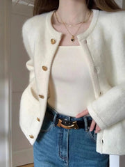 Temperament White Sweater Coat Women's Early Spring Autumn New Knitted O-Neck Cardigan Single Breasted Style Top voguable