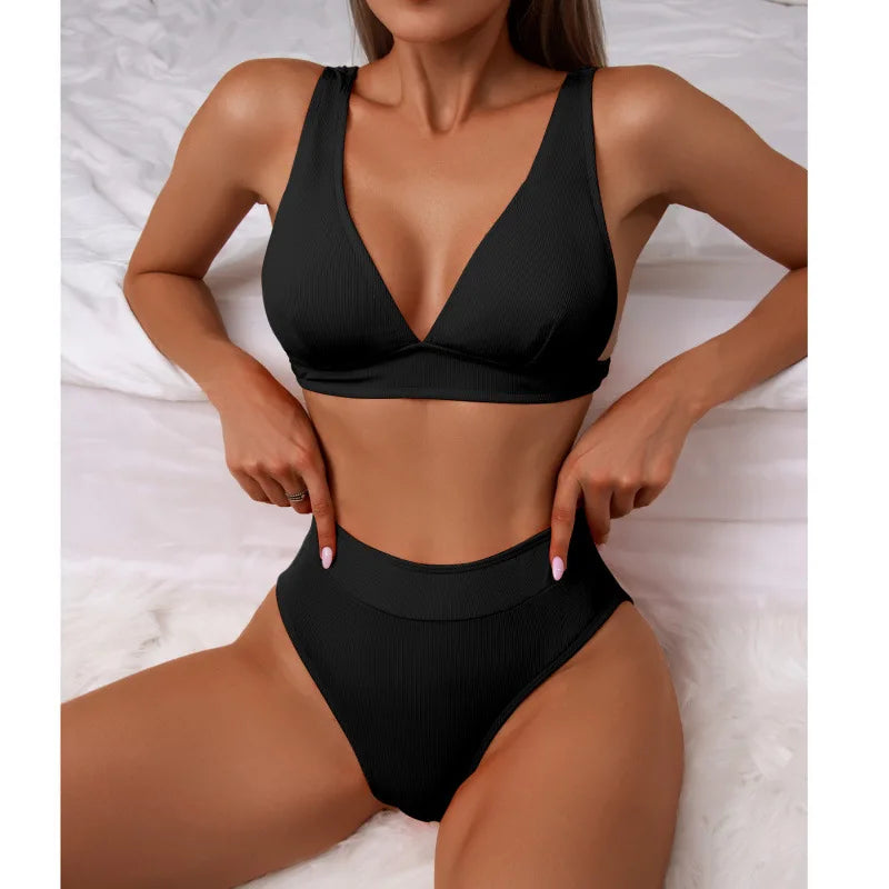 Voguable  New All Season Solid Backless Bikini Sexy High Waist V Neck Beach Bikini for Women Split Swimsuit Bikini 2 Piece Set voguable