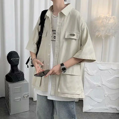 Voguable  Shirts for Men with Pocket Cargo Man Shirt Loose Korean Style Casual Asia Cool Hipster Original Half Sleeve Normal Collar I Xxl voguable