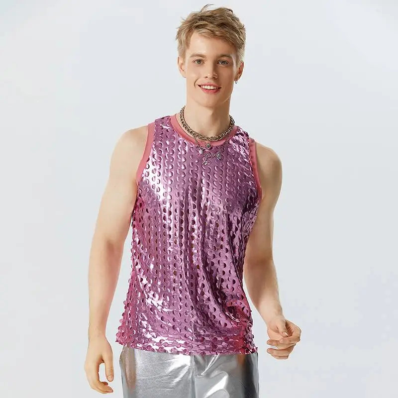 Men Tank Tops Sparkling O-neck Sleeveless Streetwear Hollow Out Vests Summer Sexy Fashion Party Men Clothing S-5XL voguable