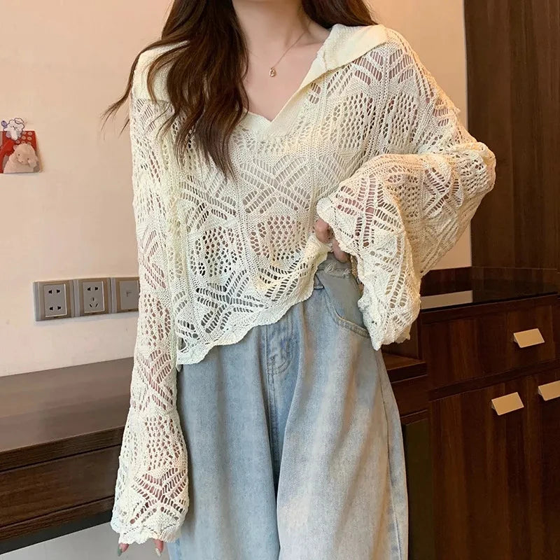 Sexy Hollow Out V Neck T Shirt Women Y2K Summer Thin Sweet Flare Sleeves Lapel Pullover Korean Solid All Match Loose Crop Tees voguable