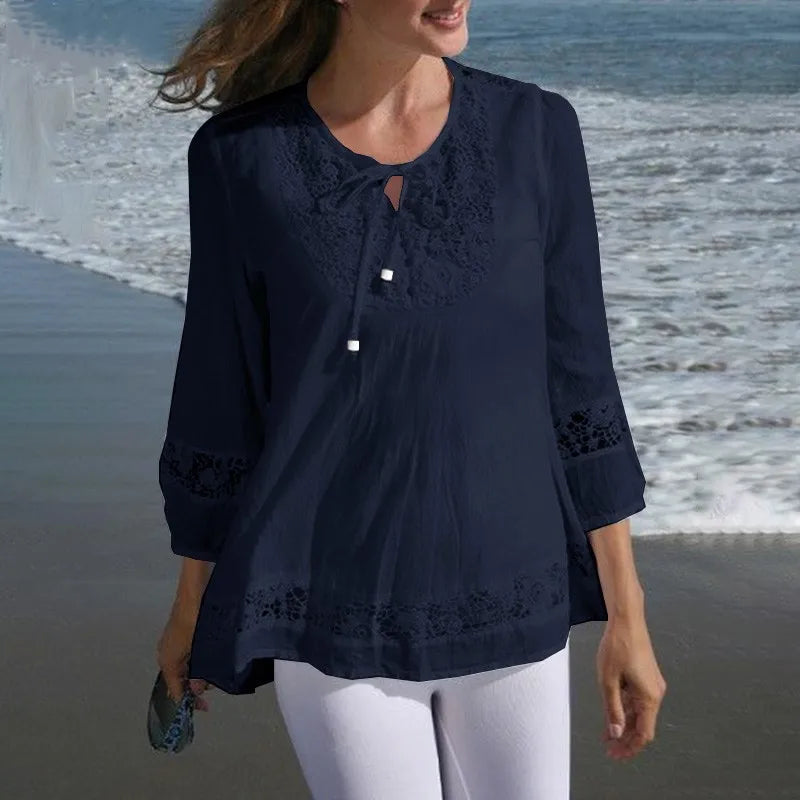 Fashion Women's Solid Lace Top Cotton Linen Casual Top Woman New Summer Blouse Three-Quarter Sleeve Loose Shirt & Blouse Women voguable