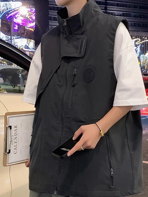 Vest Men Fashion Solid Simple Baggy Spring Autumn Sleeveless Stand Collar Asymmetrical Japanese Style Male High Street Handsome voguable