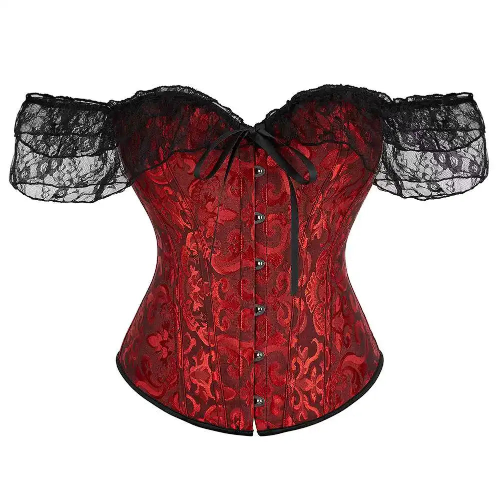 Voguable Womens Bustier Overbust Corselet Lace Up Short Sleeve Sheer Corset Bluse Costume Crop Top voguable