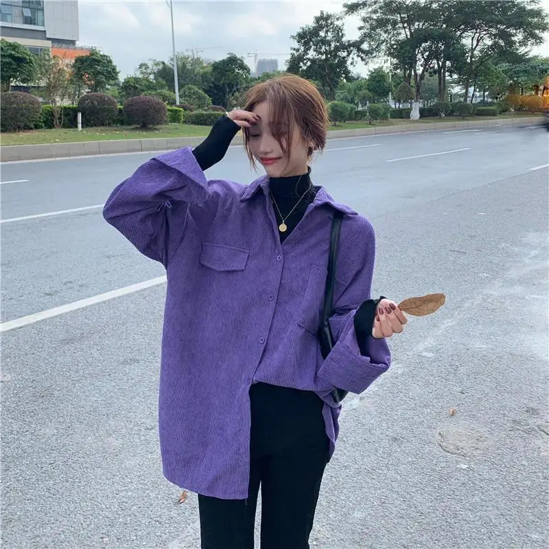 Voguable  Bf Women Corduroy Shirt Long Sleeve Spring Purple Loose Single Breasted Korean Ladies Turn Down Collar Shirt Coat voguable