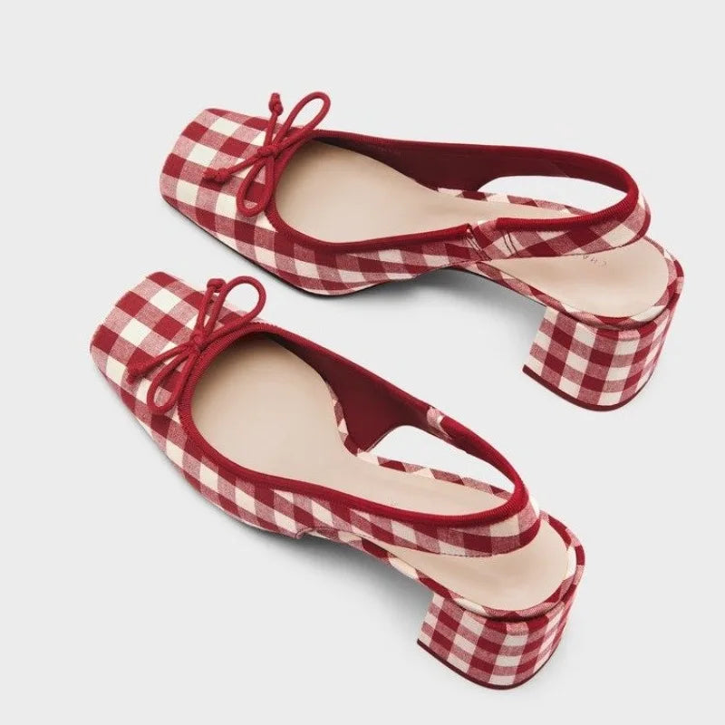 Women Chunky Heeled Sandals Retro Square Toe Mary Janes Pumps Shoes Slingbacks Spring Summer High Heels Baotou Plaid Shoes voguable