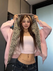 Leopard Vintage Pink Hoodies Women Loose Hip Hop Streetwear Y2K Sweatshirt American Casual Fall Winter Long Sleeve New Tops voguable