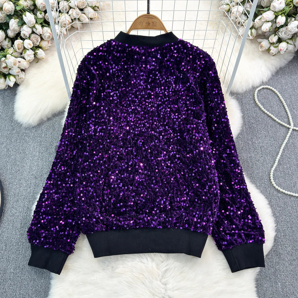 Voguable  Spring Autumn Loose Jacket Long Sleeved Casual Fashion Baseball Sequin Women Coats voguable