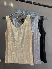 Voguable  New European and American Sequined V-neck Vest Worn Inside A Suit Bottoming Shirt and Worn Outside A Sparkling Top voguable