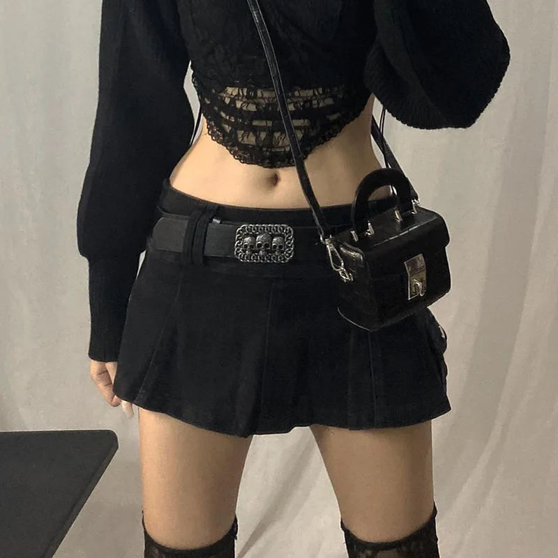 Harajuku Y2k Denim Skirt Women Dark Gothic Streetwear Mini Skirt with Skull Belt Mall Goth Punk Grunge Sexy Emo Clubwear voguable