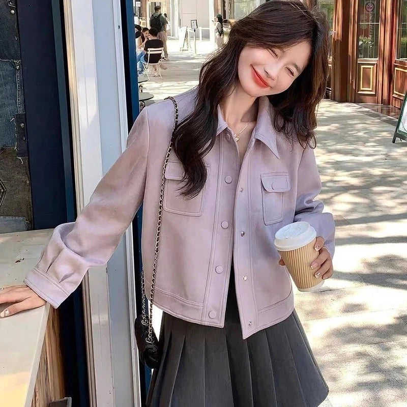 Purple Sweet Faux Suede Jacket Women Casual Vintage Korean Long Sleeve Coat Fall Winter Preppy Style Retro All Match Tops voguable