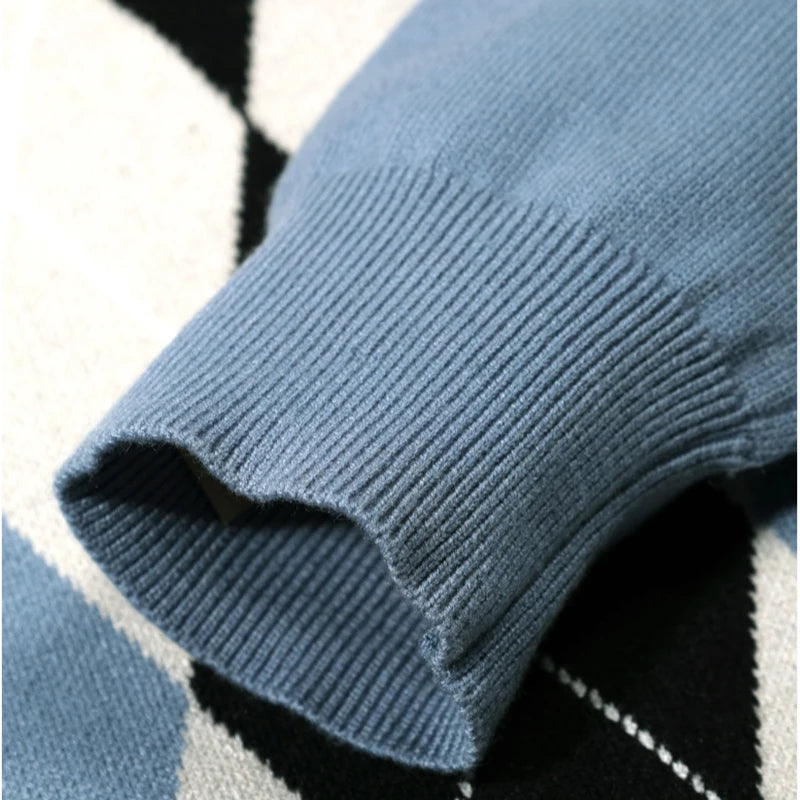 New Japanese Retro Men Sweater Luxury Trendy Plaid Patchwork V Neck Knit Solid Color Pullover Leisure Loose Long Sleeve Knitwear voguable
