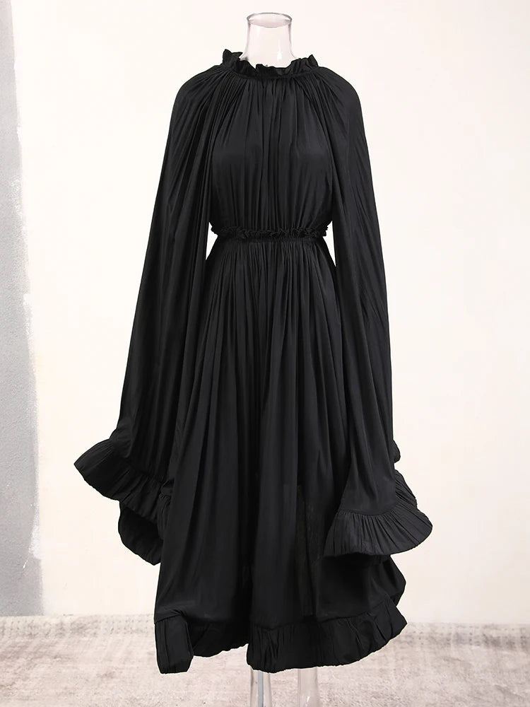 Elegant Big Swing Irregular Ruffles Party Maxi Dresses For Women Cloak Sleeves Spliced Lace Up Pleated Dress 2025 New voguable
