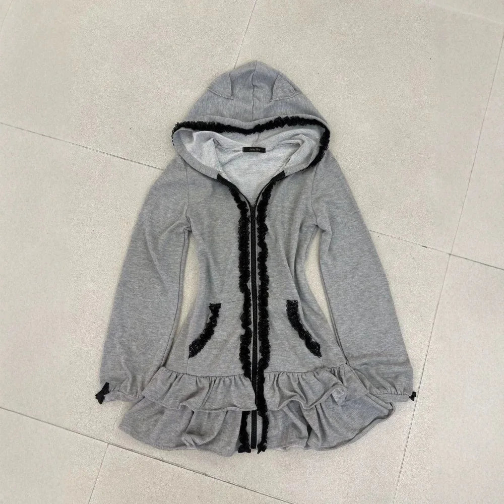 Voguable  New autumn and winter cat ear hooded zipper black lace lace lace waist cinching slim fit jacket hoodie voguable