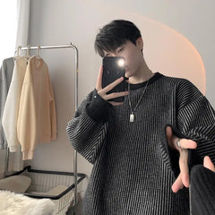 Voguable Striped Knitted Sweater Coat Men Japanese Oversize Casual Autumn Winter Loose O-neck Pullovers for Man Streetwear voguable