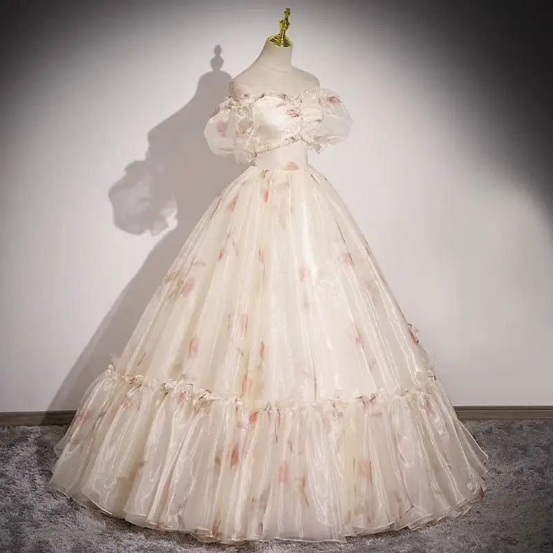 Champagne Off Shouder Strapless Elegant Evening Dress Fairy Sweet Stage Performance Princess Long Wedding Dresses for Women voguable